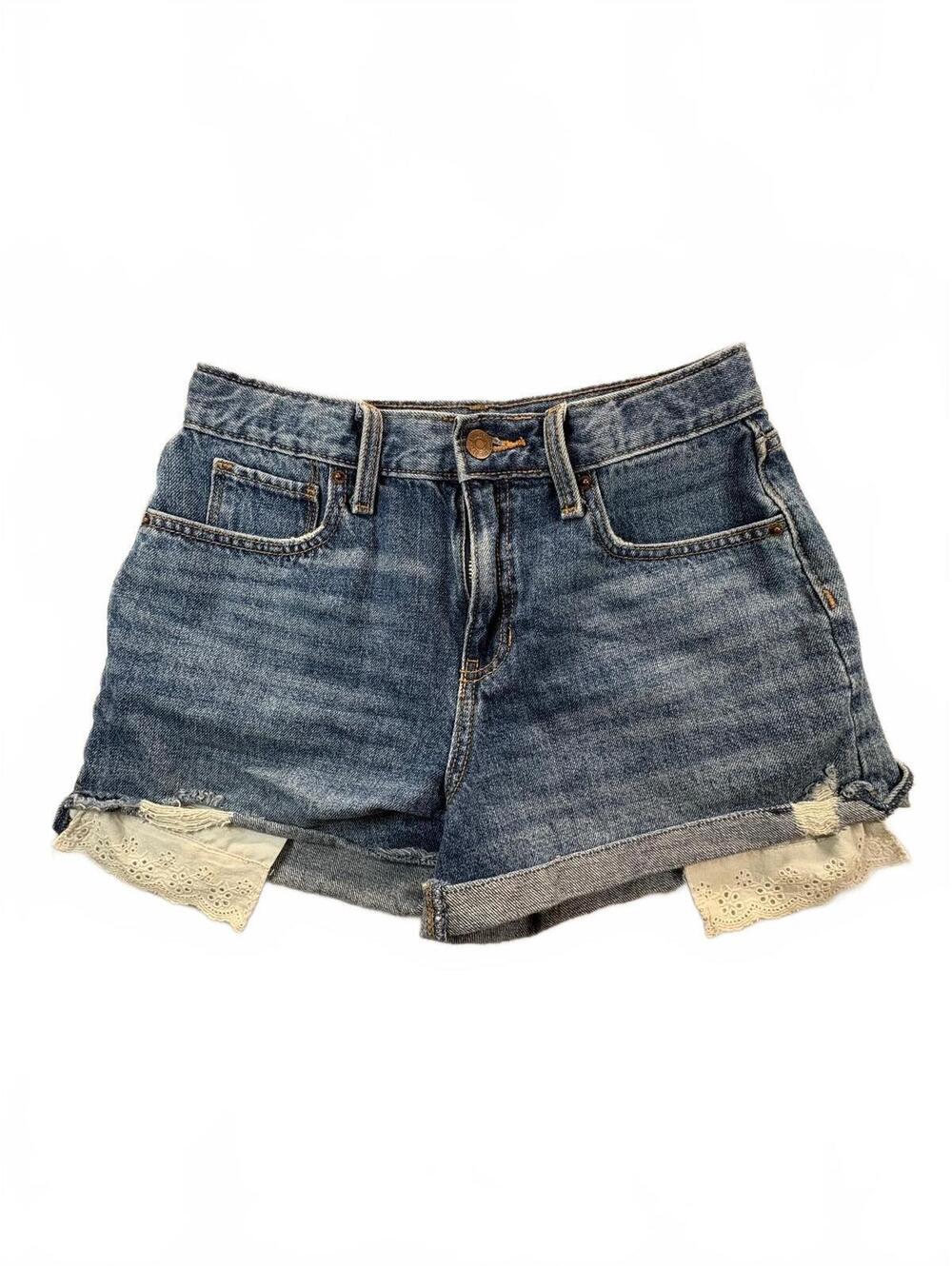 Old Navy Womens 16 High Rise Denim Shorts Adjustable Waist Lace Trim Blue Jean